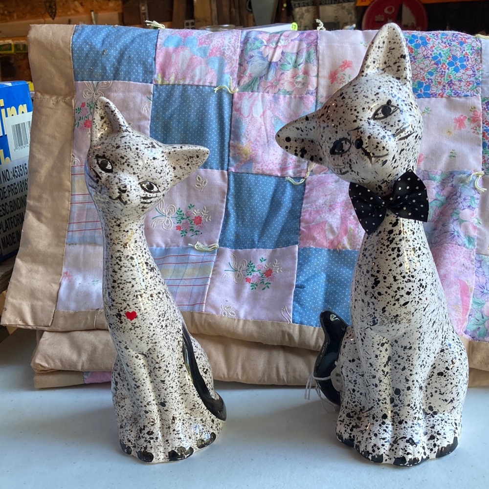 COPY - Pair of black & white speckled cat statues